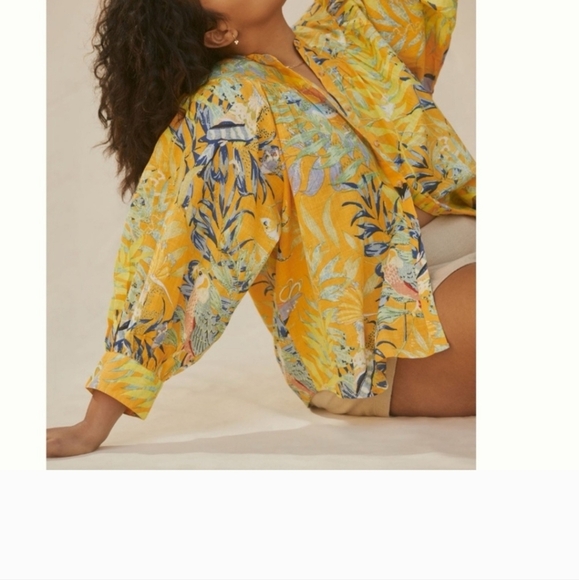 Anthropologie Maeve Puff-Sleeved Floral Butterfly Parrot Buttondown Shirt XS - Picture 10 of 11